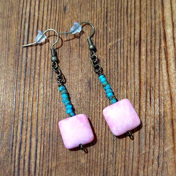 Handmade Jewelry - Turquoise Pink and Blue Beaded Earrings, Handmade Ladies Dangle Earrings